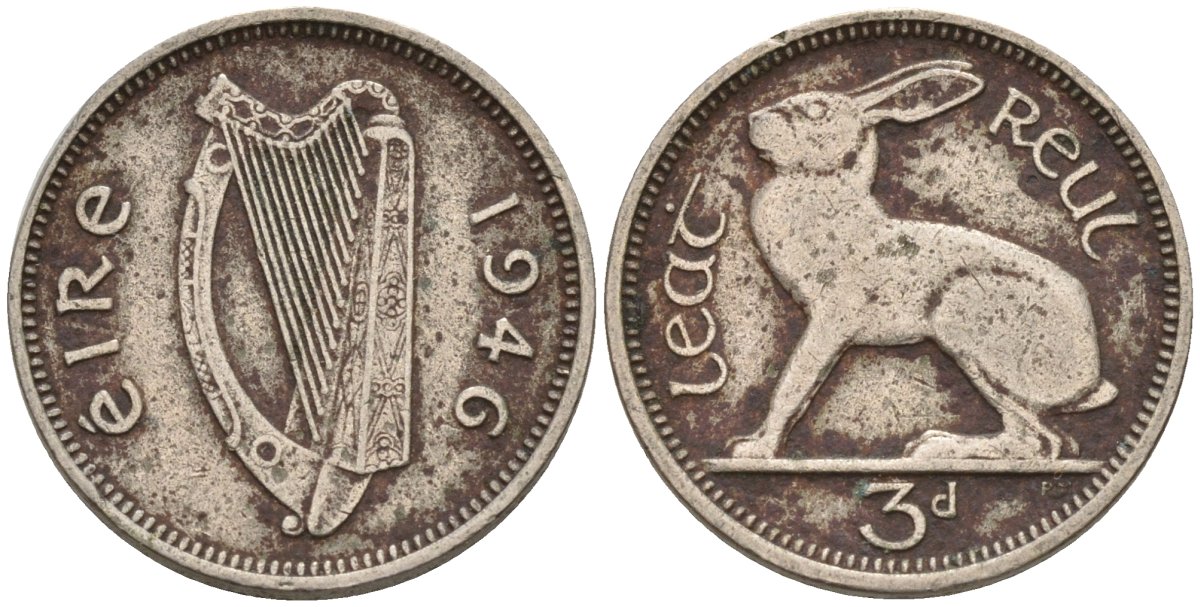 Ирландия 3 пенса 1946 заяц KM 12a медно-никель 4596-1059