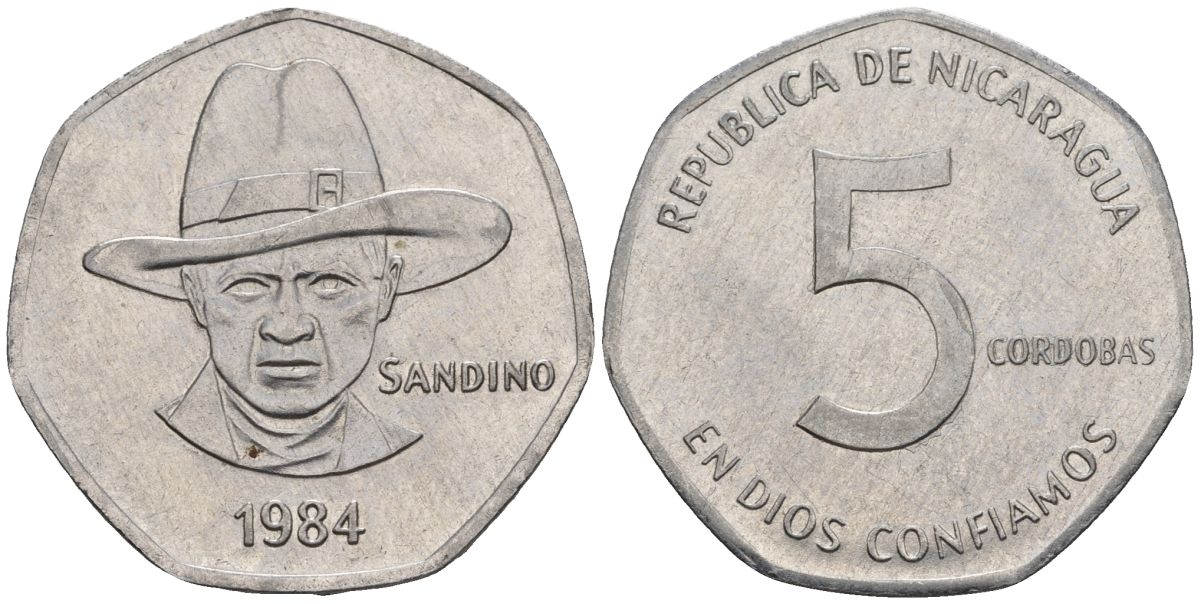Никарагуа 5 кордоба 1984 KM 44a, Schoen 46a сталь плакированная никелем 4118-117
