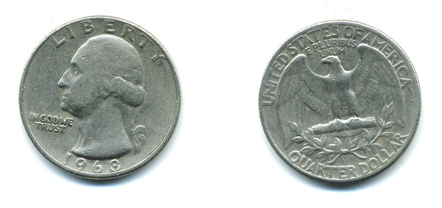 США 25 центов (квотер) 1968 Вашингтон KM 164а медь плакированная медно-никелем 37-1046