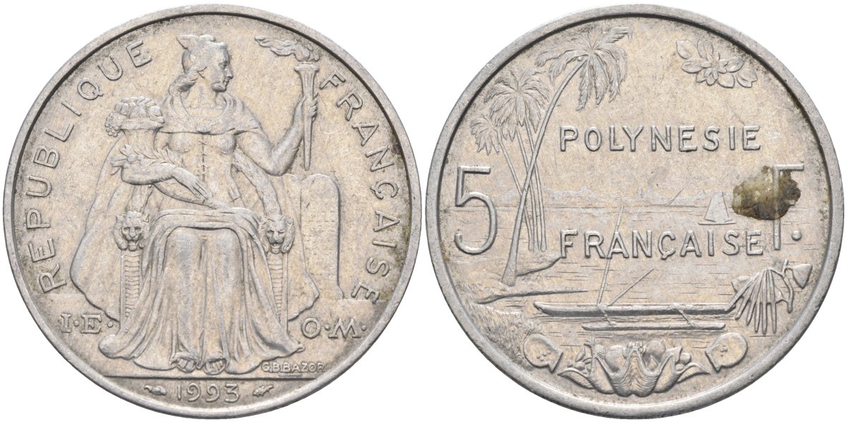 Французская Полинезия 5 франков 1993 KM 12 алюминий 4131-934