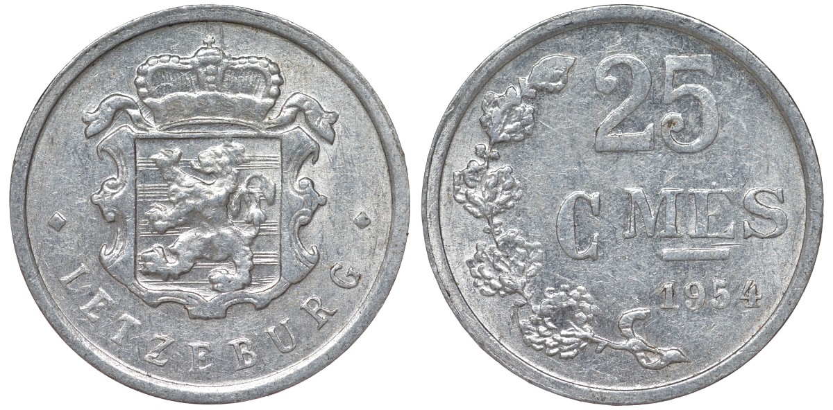 Люксембург 25 сантимов 1954 KM 45a.1 алюминий 4164-349
