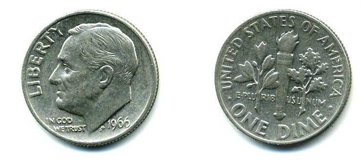 США 10 ЦЕНТОВ = 1 ДАЙМ 1966 РУЗВЕЛЬТ KM 195а медь плакированная медно-никелем 76-238