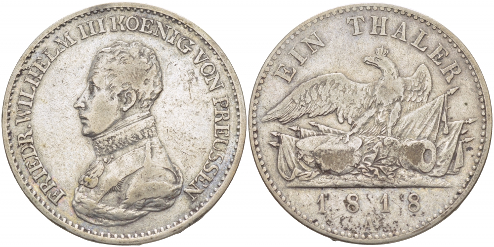 Пруссия 1 талер 1818 A, Фридрих Вильгельм III (1797-1840) KM 396 серебро 00-000-00
