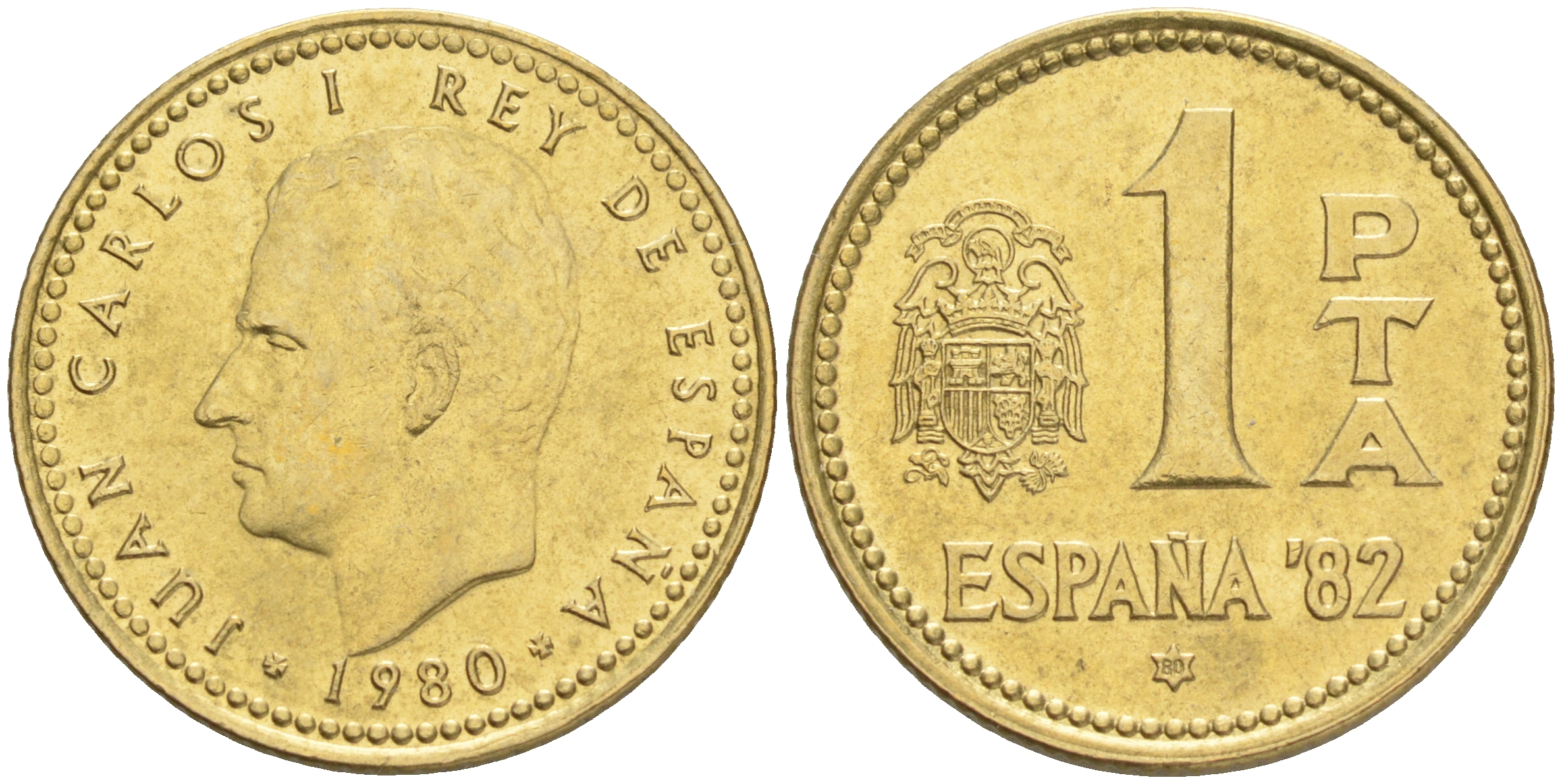 Испания 1 песета 1980 (80) чемпионат мира по футболу в Испании 1982 года, Хуан Карлос I (1975-) KM 816 алюминиевая бронза 192-826