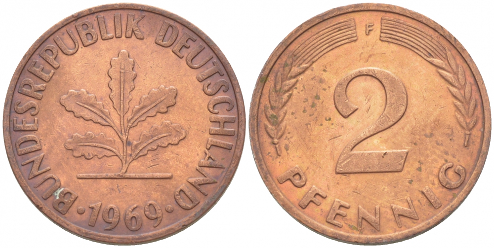 ФРГ 2 ПФЕННИГА 1969 F KM 106a, J.381a сталь плакированная сталь плакированная медьюю 3718-367