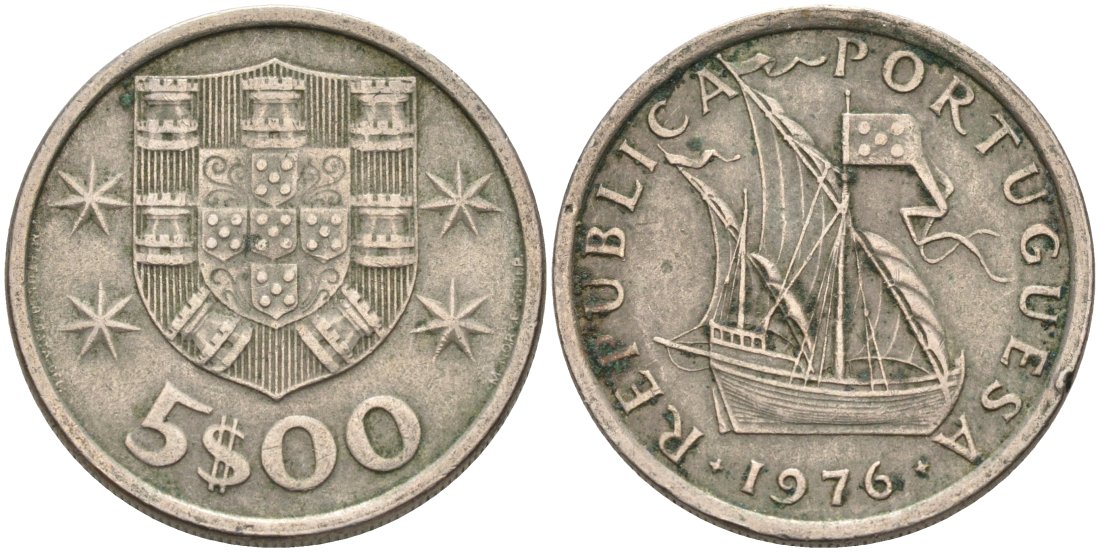 Португалия 5 эскудо 1976 парусник KM 591 медно-никель 4573-955