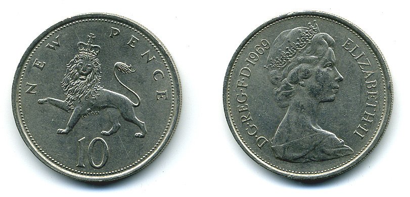 Великобритания 10 пенсов 1969 Елизавета II (1952-2022) KM 912, Spink 4231 (F1) медно-никель  4110-1225