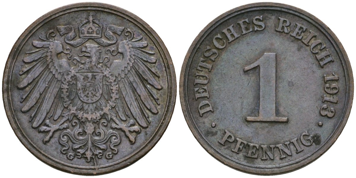 Германия 1 пфенниг 1913 G, Вильгельм II (1888-1918) KM 10, J. 10 медь 4608-243