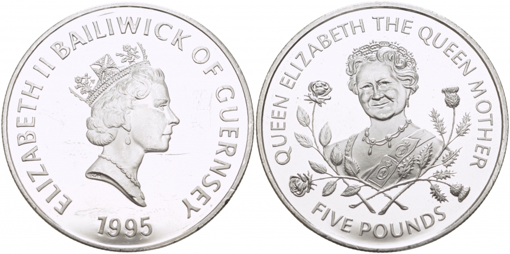 Гернси 5 фунтов 1995 Королева Елизавета, королева мать, царапинки на поле KM 66a серебро PROOF 1078-4-12