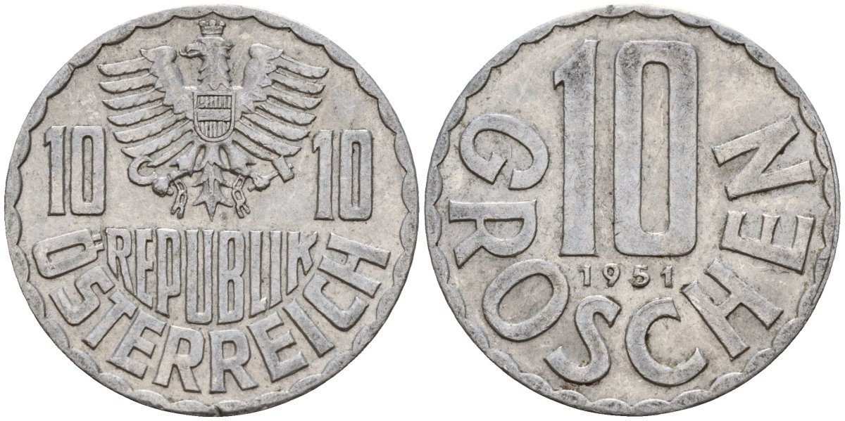 Австрия 10 грошей 1951 KM 2878 алюминий 4150-1257