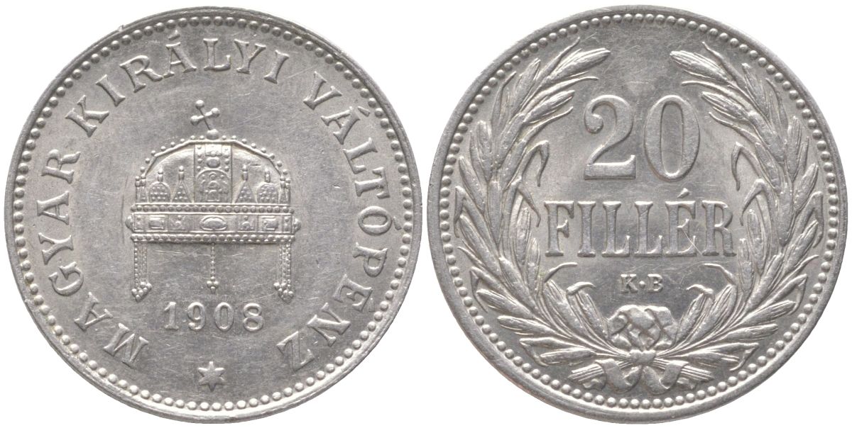 Венгрия 20 филлеров 1908 KB, Франц Иосиф I (1848-1916) KM 483 никель UNC 4147-933