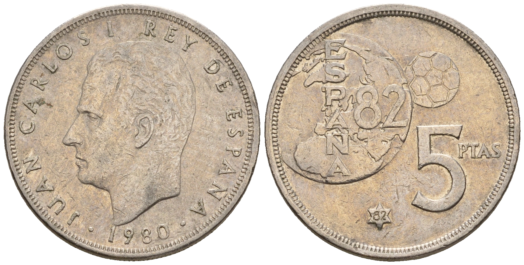 Испания 5 песет 1982 (80), Хуан Карлос , чемпионат мира по футболу, Испания 1982 KM 817 медно-никель 259-1113