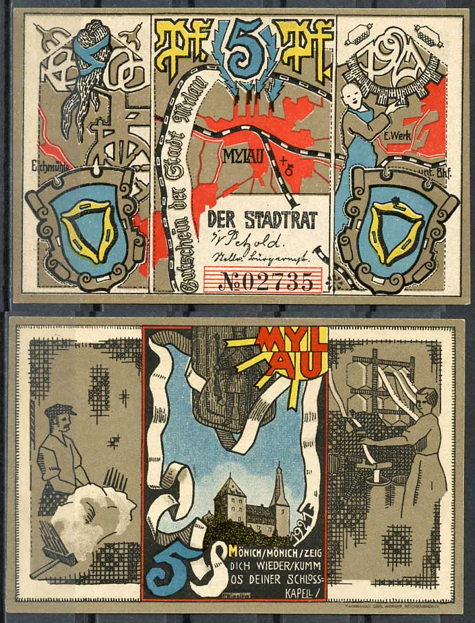 Германия, Милау 5 пфеннигов 1921 нотгельд, городские виды Grabowski 921.1 бумага UNC (пресс) 444-63-2-2