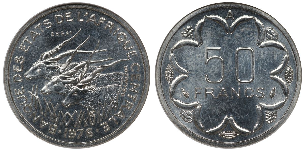 Валютный союз стран центральной Африки 50 франков 1976 проба, essai, слаб ANACS, грейд MS 66 KM E8 (KM 11) никель UNC 1-4-4-12