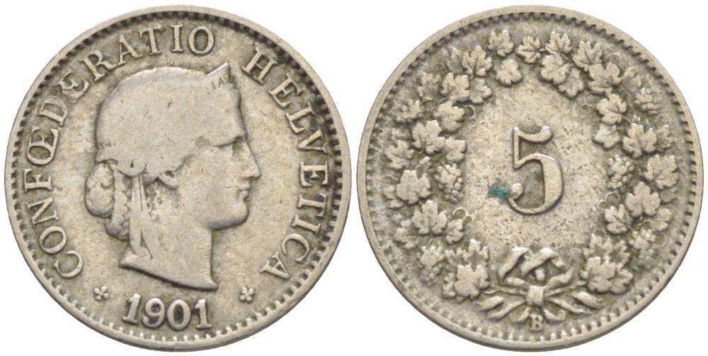 ШВЕЙЦАРИЯ 5 РАППЕНОВ 1901 В KM 26 медно-никель 4532-914