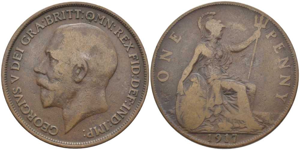 Великобритания 1 пенни 1917 Георг V (1910-1936) KM 810, Spink 4051 бронза 115-121