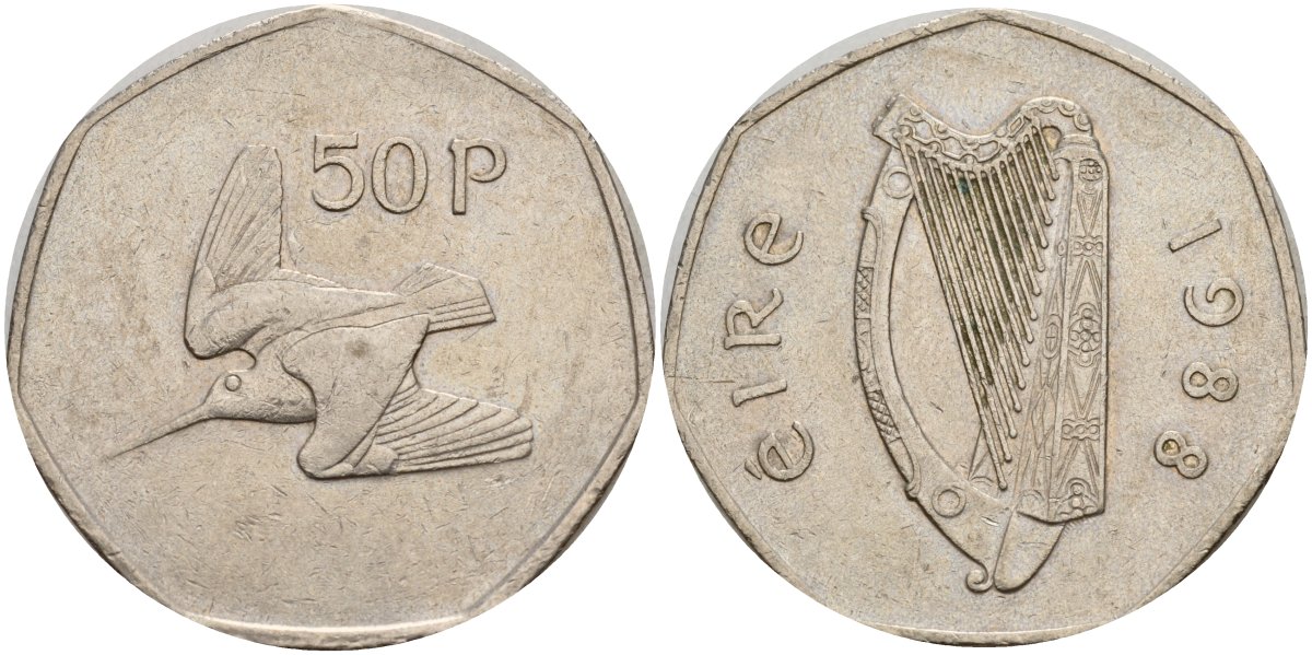 Ирландия 50 пенсов 1988 Вальдшнеп KM 24 медно-никель 4140-411