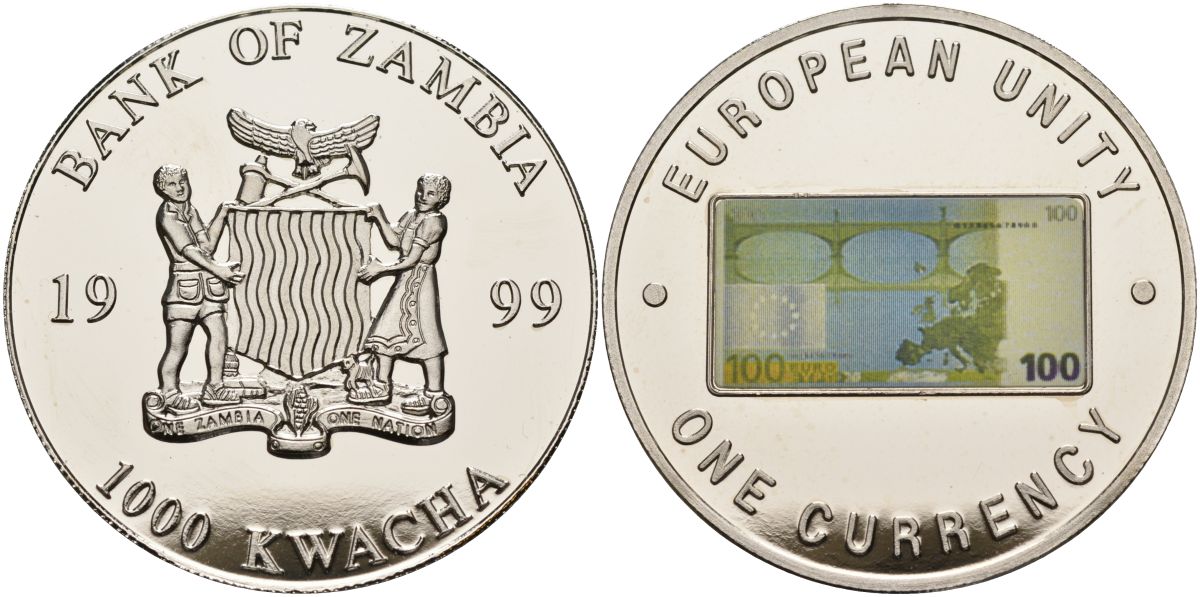 Замбия 1000 квача 1999 серия европейский союз - одна валюта, 100 евро реверс, серебрение KM 129 медь никель цинк 1098-3-52