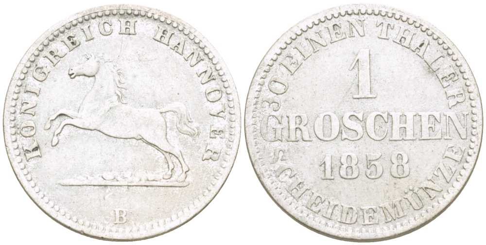 Брауншвейг-Каленберг-Ганновер 1 грош 1858 В, Георг V (1851-1866) KM 236, Jaeger 93, AKS 149 серебро 206-329