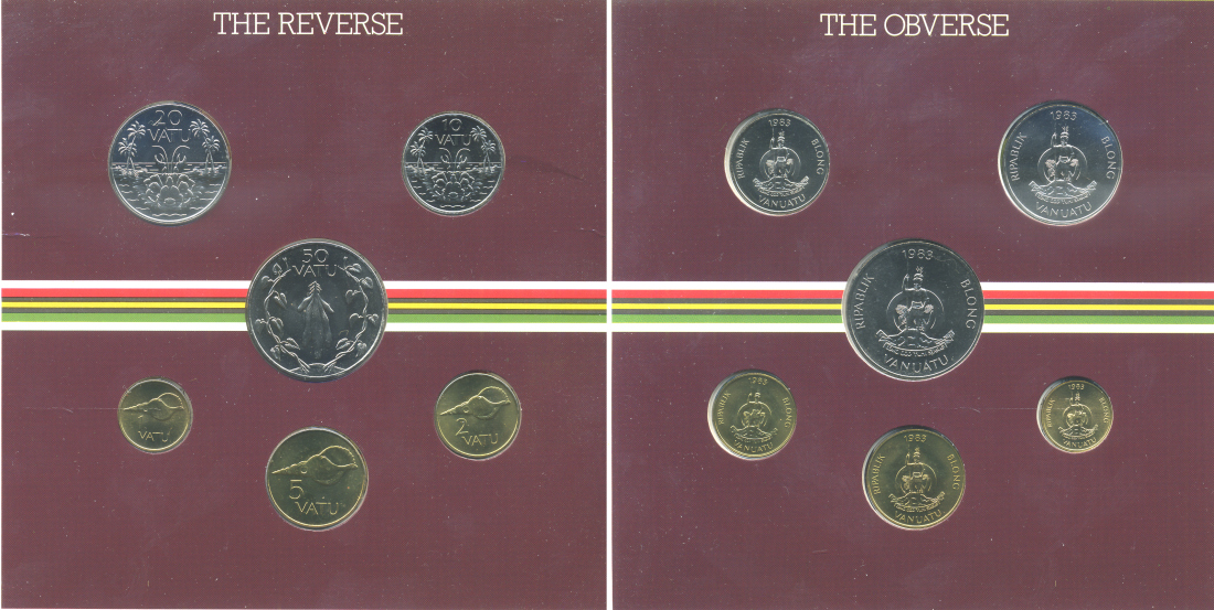 ВАНУАТУ НАБОР ИЗ 6 МОНЕТ 1983 1, 2, 5, 10, 20, 50 ВАТУ, В ОРИГИНАЛЬНОМ КАРТОННОМ БУКЛЕТЕ, ИЗГОТОВИТЕЛЬ КОРОЛЕВСКИЙ МОНДВОР АНГЛИИ BUNC 00-00