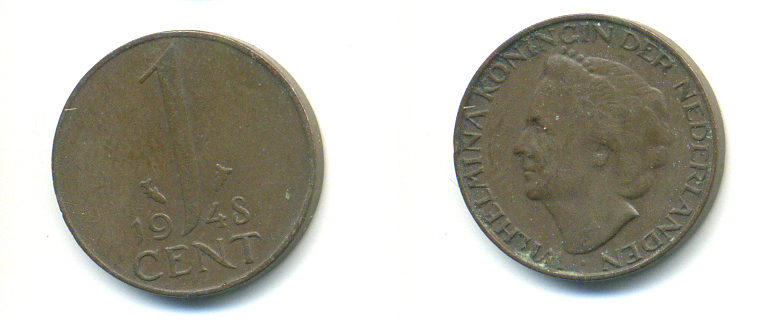 Нидерланды 1 цент 1948 Вильгельмина (1890-1948), год тип KM 175 бронза 83-912