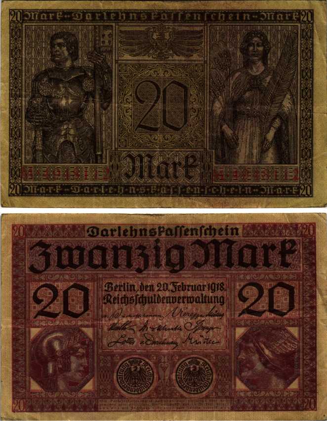 ГЕРМАНИЯ 20 МАРОК 1918 20 ФЕВРАЛЯ 1918, СЕРИЯ M, КРАСНАЯ, МИНЕРВА И МЕРКУРИЙ Pick 57, Rosenberg 55 бумага 7183-60-3-1