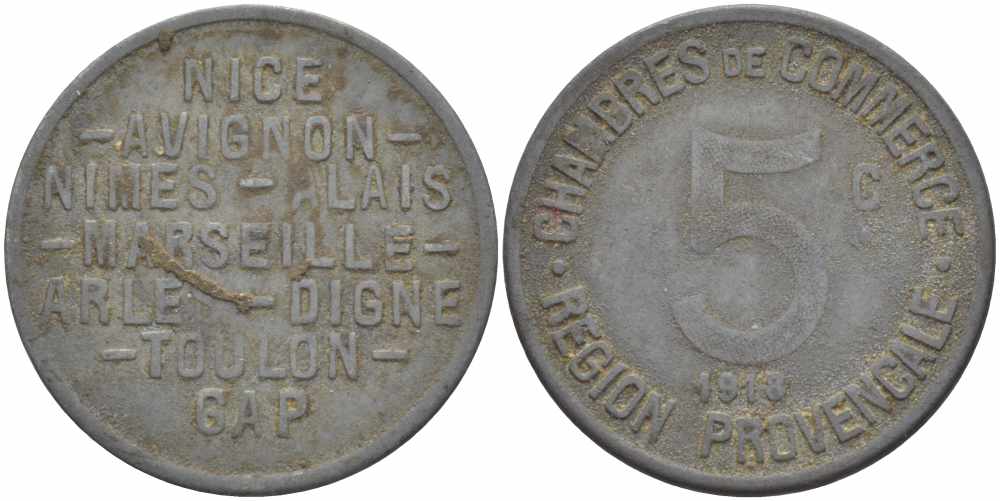 ФРАНЦИЯ 5 САНТИМОВ 1918 ПРОВИНЦИАЛЬНАЯ КОМЕРЧЕСКАЯ ПАЛАТА, ТОКЕН, НИЦА-АВИНЬОН-НИМ-АЛЕ-МАРСЕЛЬ-АРЛЬ-ДИНЬ-ТУЛОН-ГЭП цинк 108-111