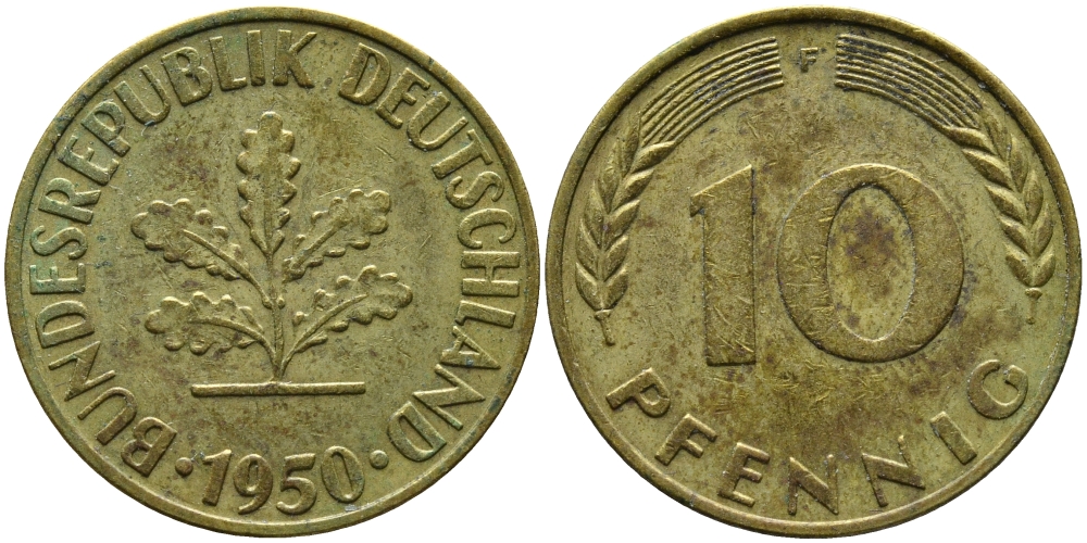 ФРГ 10 ПФЕННИГОВ 1950 F KM 108, J.383 сталь плакированная латунью 98-357