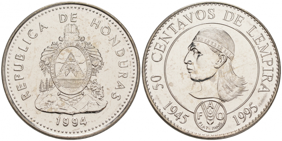 Гондурас 50 сентаво 1994 50 лет FAO, бюст касика Лемпира KM 88 сталь плакированная никелем UNC M22-01
