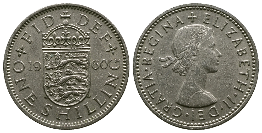Великобритания 1 шиллинг 1960 Елизавета II (1952-2022), Английский герб KM 904, Spink 4147 медно-никель 4384-416