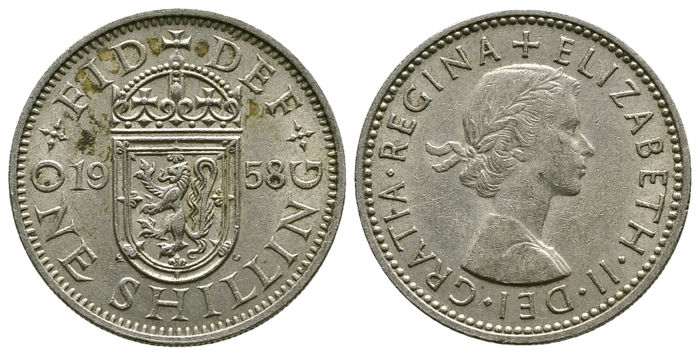 Великобритания 1 шиллинг 1958 Елизавета II (1952-2022), Шотландский герб KM 905, Spink 4148 медно-никель 4384-632