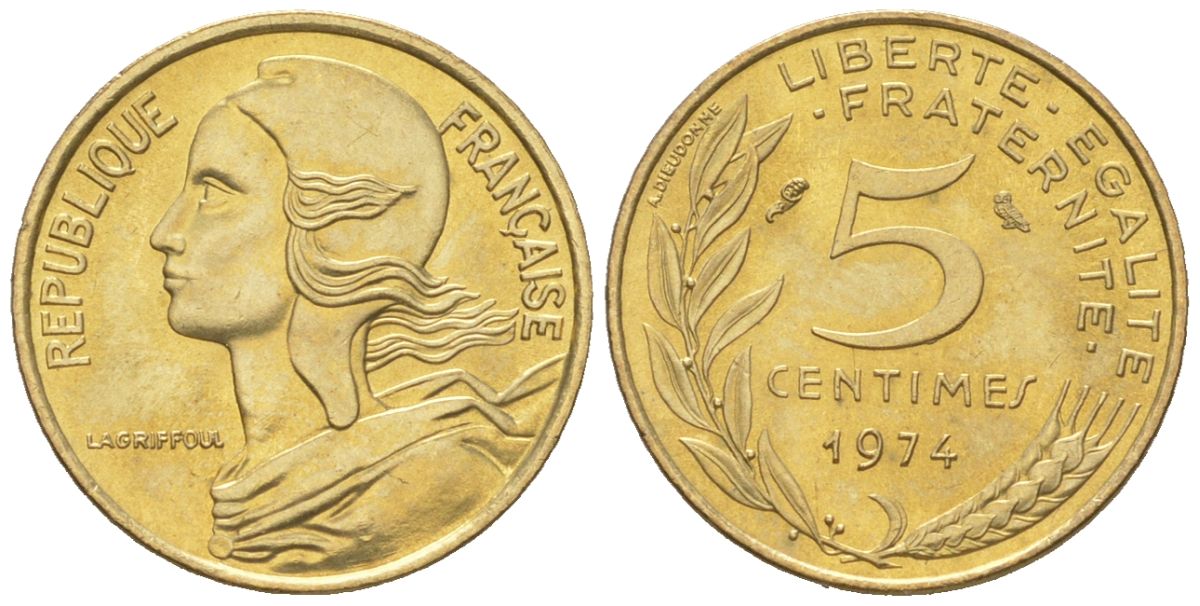 Франция 5 сантимов 1974 KM 933 алюминиевая бронза aUNC 261-513