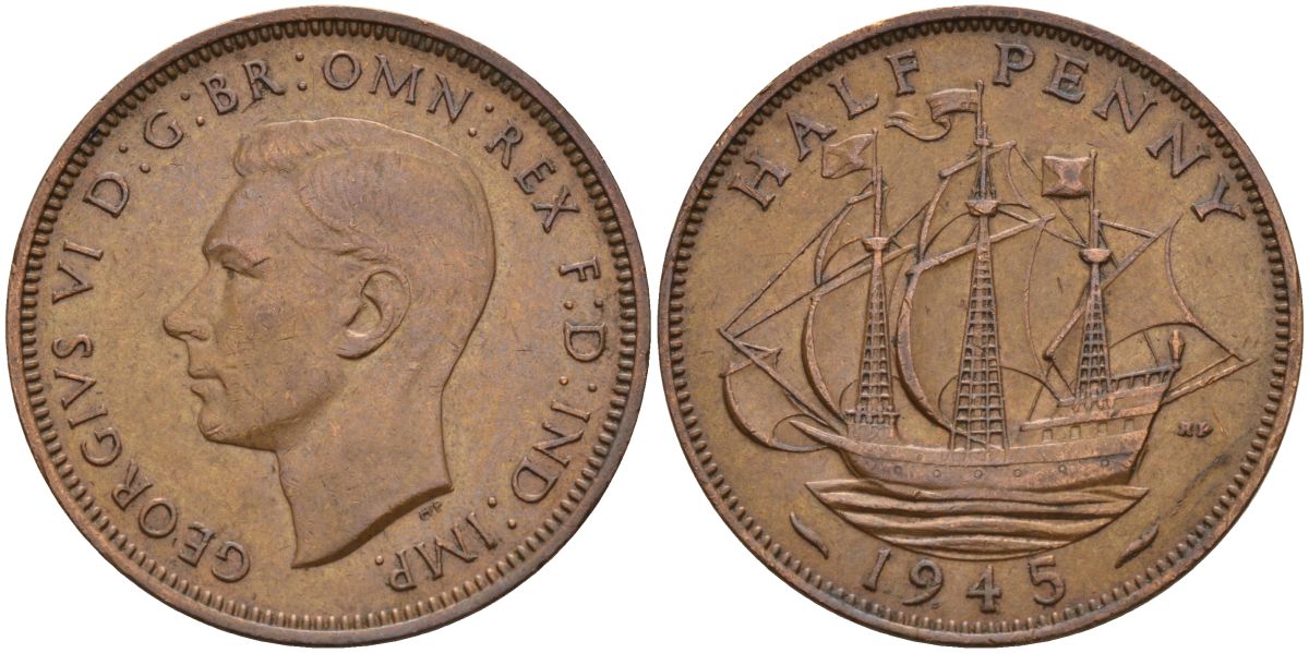 Великобритания 1/2 пенни 1945 Георг VI (1936-1952) KM 844, Spink 4115 бронза 4153-831