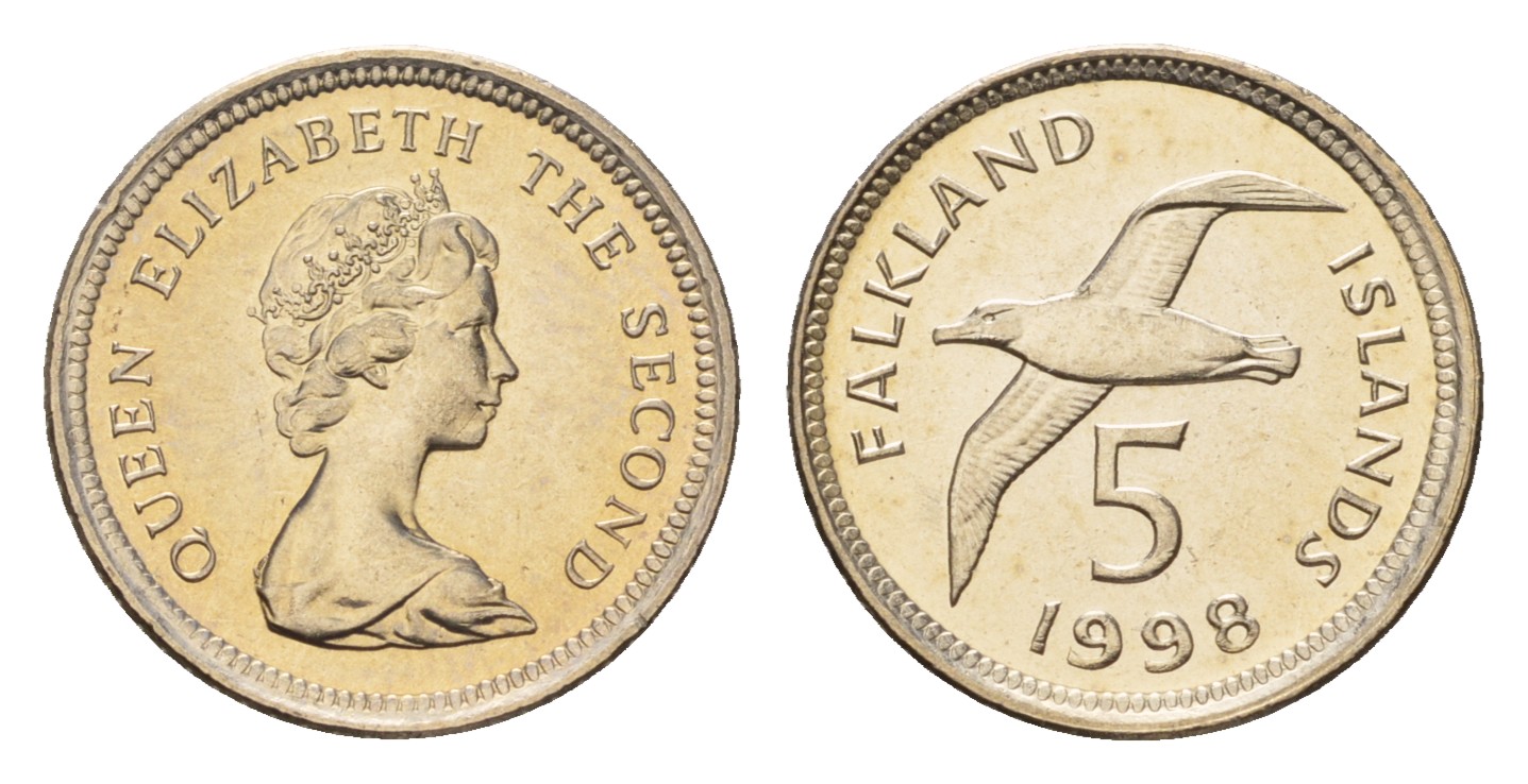 Фолклендские острова (Фолкленды) 5 пенсов 1998 Елизавета II (1952-2022), чернобровый альбатрос KM 4.2 медно-никель  UNC  3458-1211