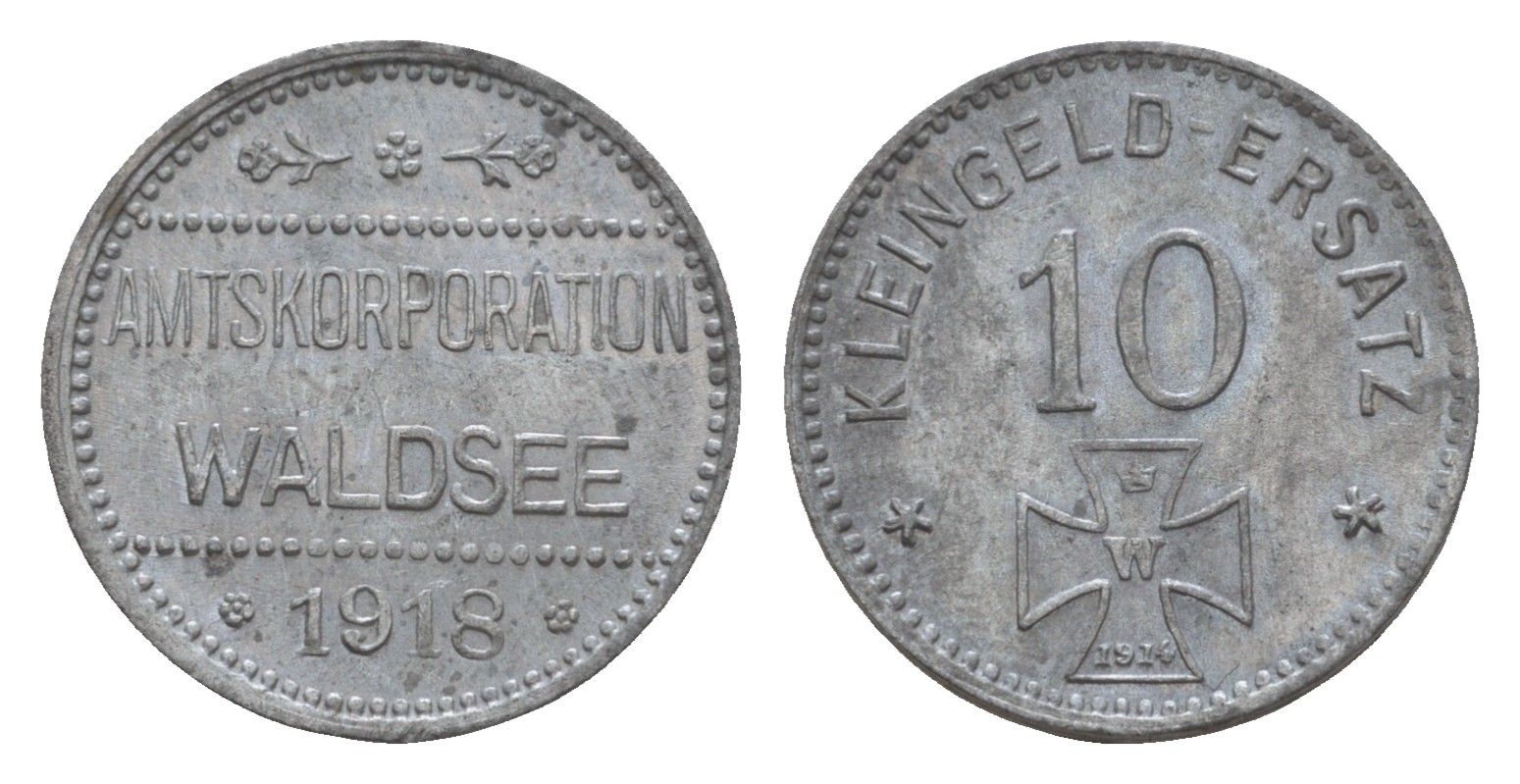 Вальдзее 10 пфеннигов 1918 Funck 569.2, Men05 29956.2, Men18 32638.2 цинк 4659-321