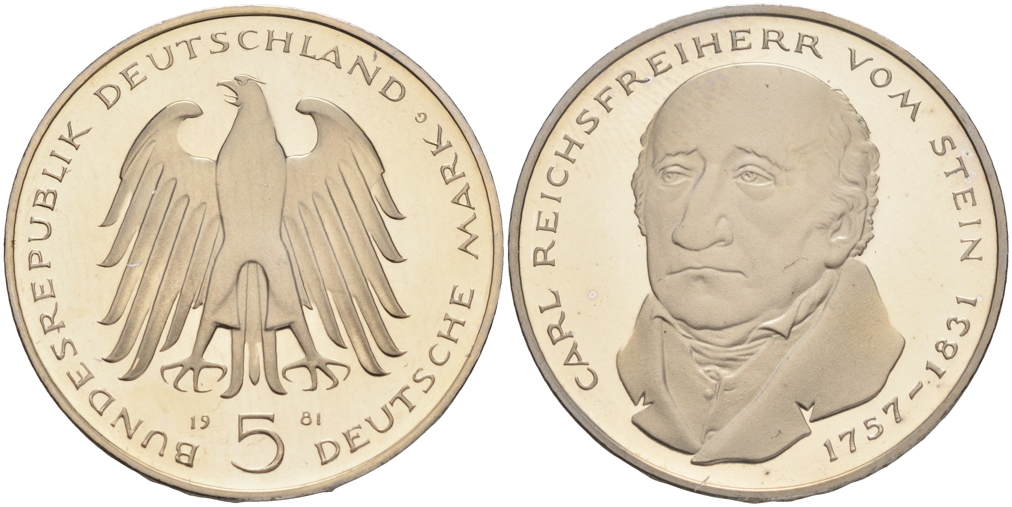 ФРГ 5 марок 1981 G, 150 лет со дня смерти Карла фон Штейна KM 155, J. 430 медно-никель плакированный никелем плакированный никелем PROOF 02-265-35