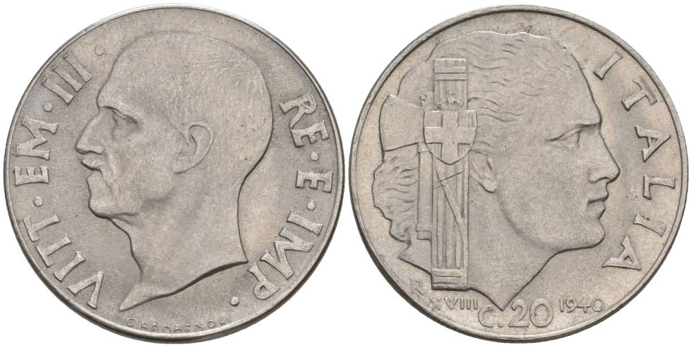 ИТАЛИЯ 20 ЧЕНТЕЗИМО 1940 R, ГОД XVIII, ВИКТОР ЭММАНУИЛ III (1900-1946), МАГНИТНАЯ, ГУРТ РИФЛЁНЫЙ KM 75b, VEM3. 1025 нержавеющая сталь 3853-516