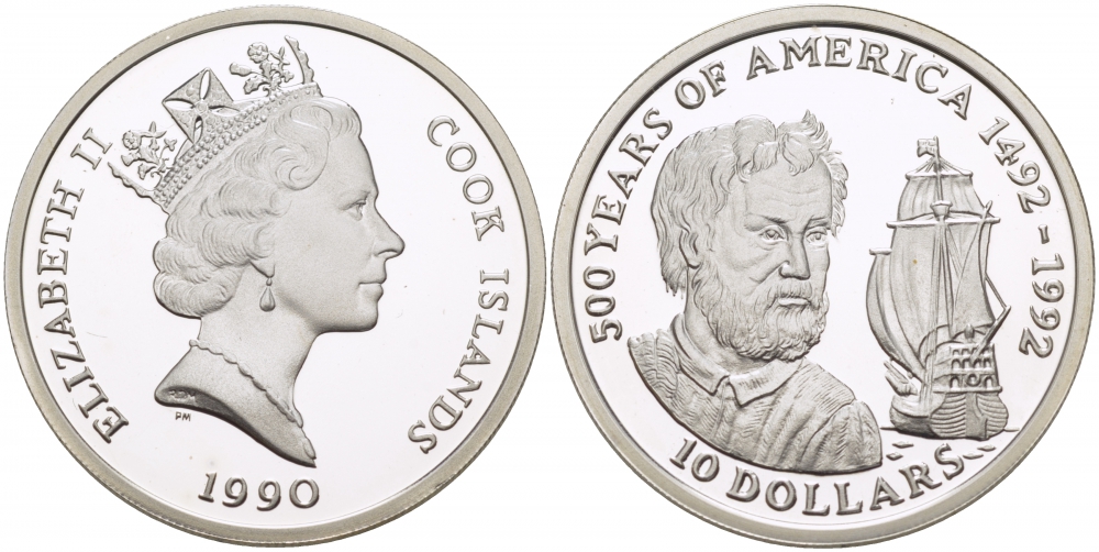 Острова Кука 10 долларов 1990 500 лет открытия Америки, Америго Веспуччи KM 90 серебро PROOF 02-227-21