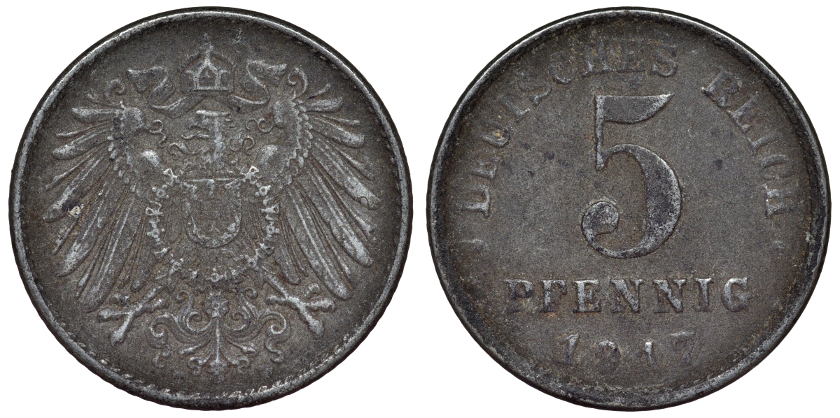 Германия 5 пфеннигов 1917 D KM 19, J. 297, Weege 5 железо 4118-1241