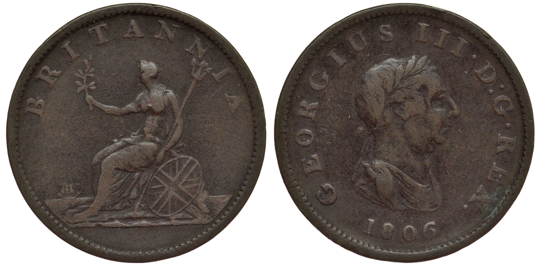 Великобритания 1/2 пенни 1806 Георг III (1760-1820) KM 662, Spink 3781 медь 4111-511