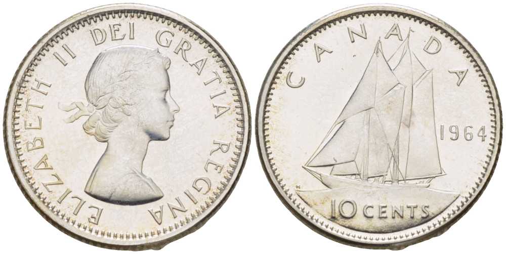 КАНАДА 10 ЦЕНТОВ 1964 ЕЛИЗАВЕТА II (1952-), ПАРУСНИК KM 51 серебро UNC 206-242