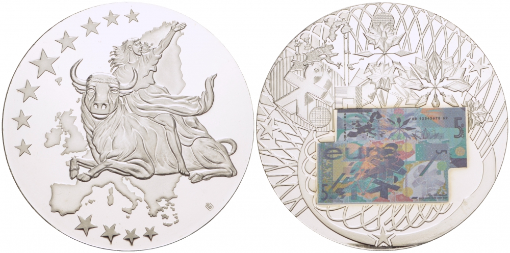 НИДЕРЛАНДЫ МЕДАЛЬ 2002 ПОХИЩЕНИЕ ЕВРОПЫ, КУПЮРА 5 ЕВРО ЕВРОПРОБА, СЕРЕБРЕНИЕ, ЦВЕТНАЯ ЭМАЛЬ, ДИАМЕТР 50 ММ. ВЕС 54 ГР. медно-никель PROOF 01-237-52