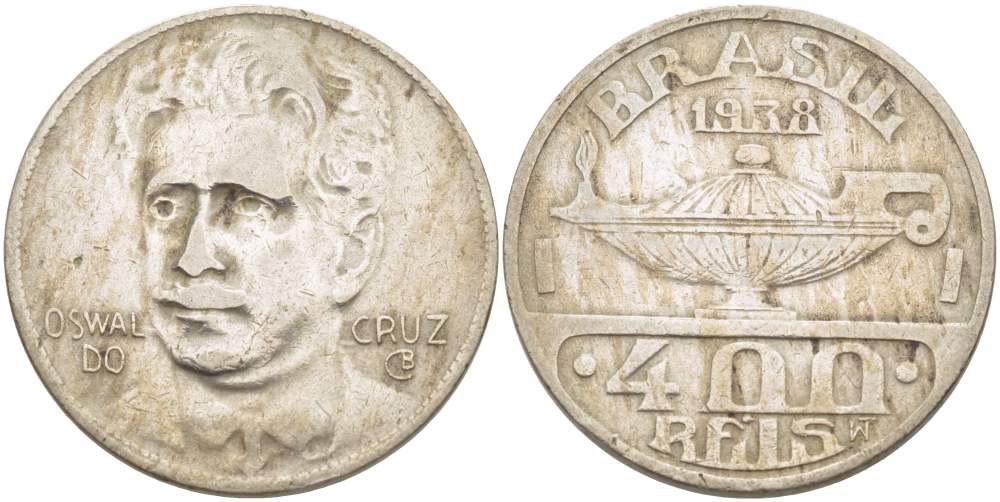 БРАЗИЛИЯ 400 РЕЙС 1938 БРАЗИЛЬСКИЙ МИКРОБИОЛОГ ОСВАЛЬДО КРУС, МАСЛЯНАЯ ЛАМПА KM 539 медно-никель 4517-115