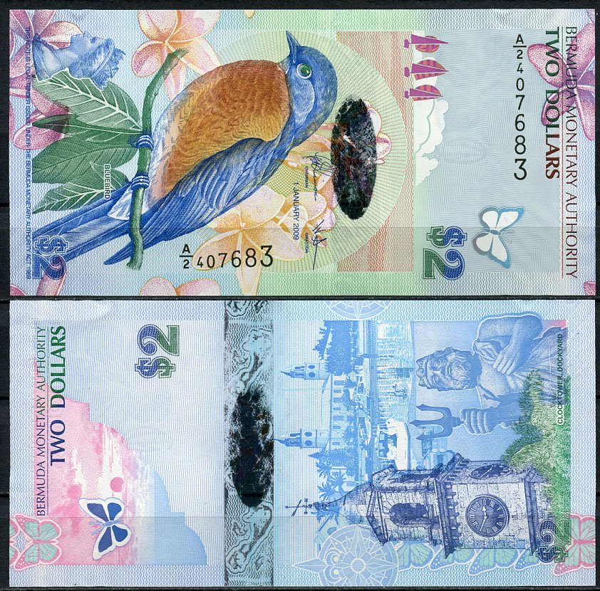 Бермудские острова 2 доллара 2009 воробей сиалии, башня с часами (Гамильтон), нептун Pick 57 c бумага UNC (пресс) 000-00-00