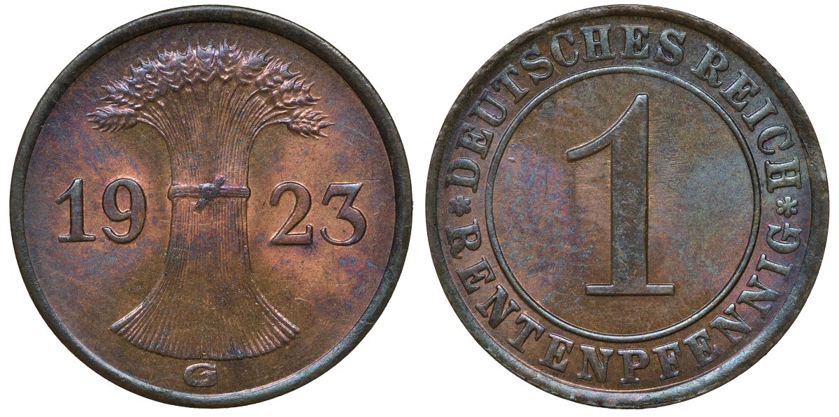Германия 1 рентенпфенниг 1923 G KM 30, J. 306 бронза UNC 72-1168