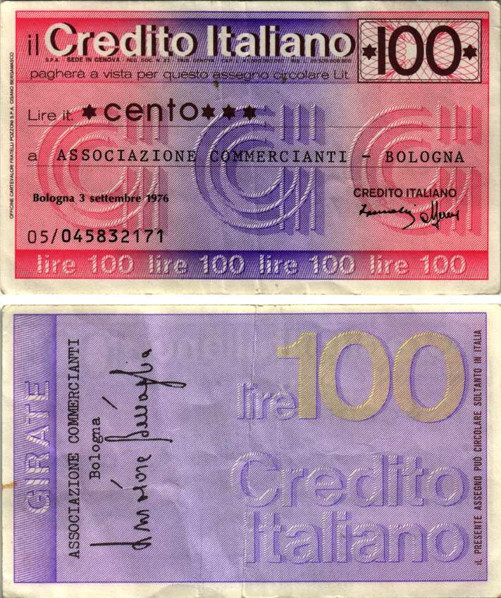 Италия чек на 100 лир 1976 3 сентября 1976, credito Italiano бумага 7204-37-3-1