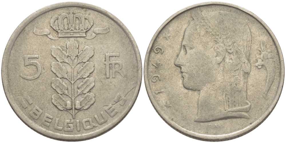 Бельгия 5 франков 1949 Леопольд III (1934-1950), Belgique KM 134.1 медно-никель 119-714