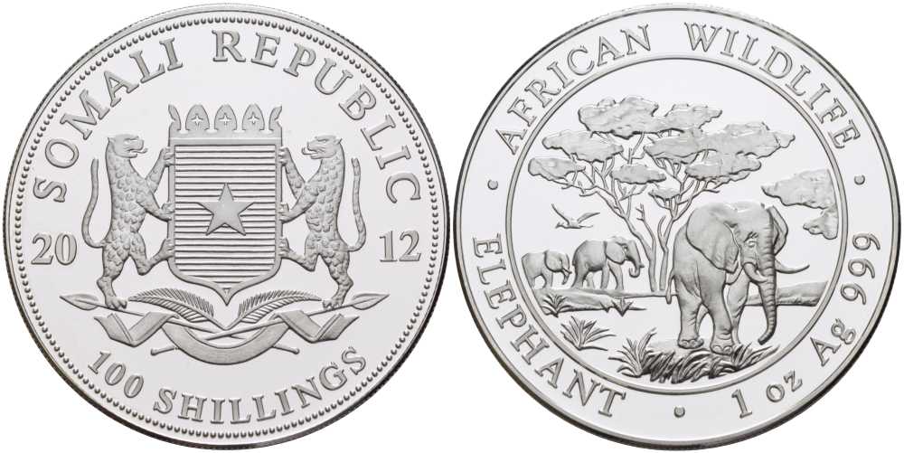Сомали 100 шиллингов 2012 серия охрана окружающей среды, африканские слоны, 1 унция KM NEW серебро PROOF 1076-7-61