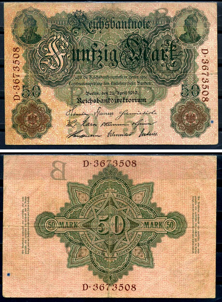 Германия 50 марок 1910 Pick 41 бумага 7523-22-3-2