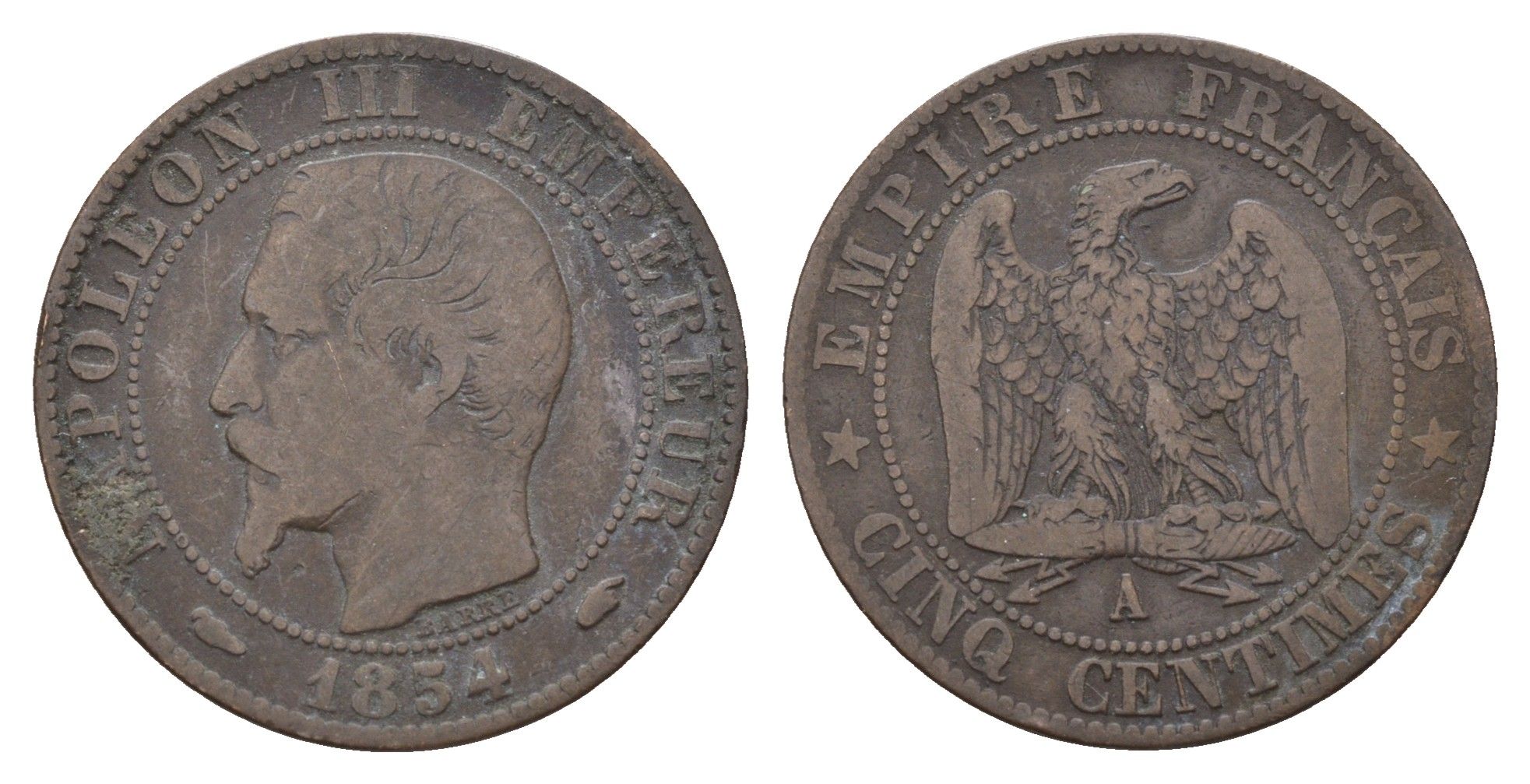 Франция 5 сантимов 1854 A, Наполеон III (1852-1870) KM 777.1 бронза 36-344